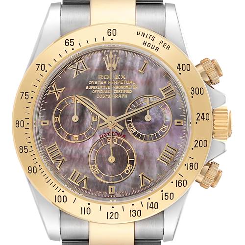 The Rolex Daytona watch is shown from the front, displaying its face, bezel, and side buttons.