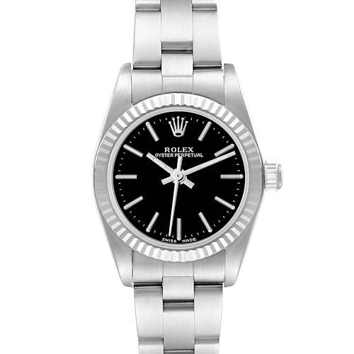 The Rolex Oyster Perpetual watch is shown from a front angle, displaying its face, bezel, crown, and part of the bracelet.