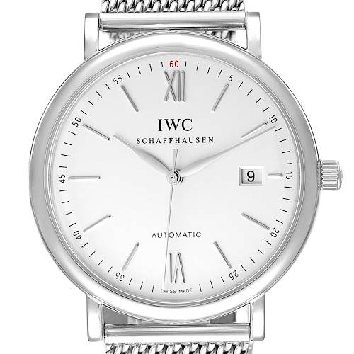 The image shows a front view of the IWC Portofino watch displaying its face, dial, hands, and a part of the metal mesh strap.