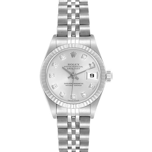 The Rolex Datejust watch is shown from a top-down angle, highlighting the bracelet, bezel, dial, and date feature.