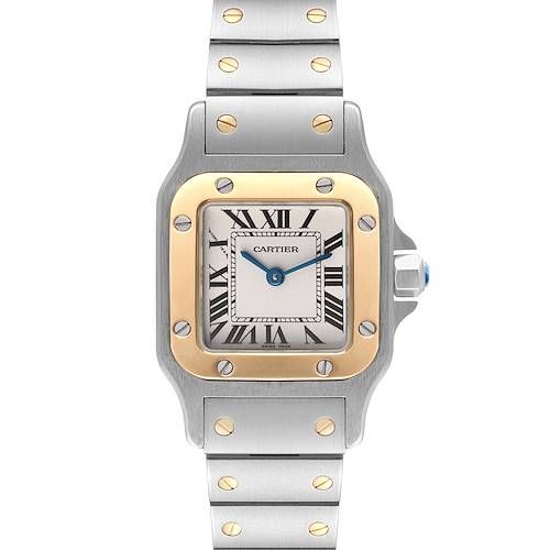 The image shows a front view of the Santos model by Cartier, highlighting its dial, bezel, and bracelet.