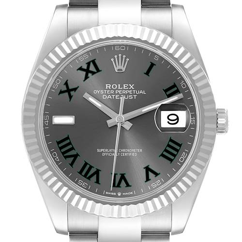 The Rolex Datejust 41 is shown from the front, highlighting its fluted bezel, dial with Roman numerals, and date window.