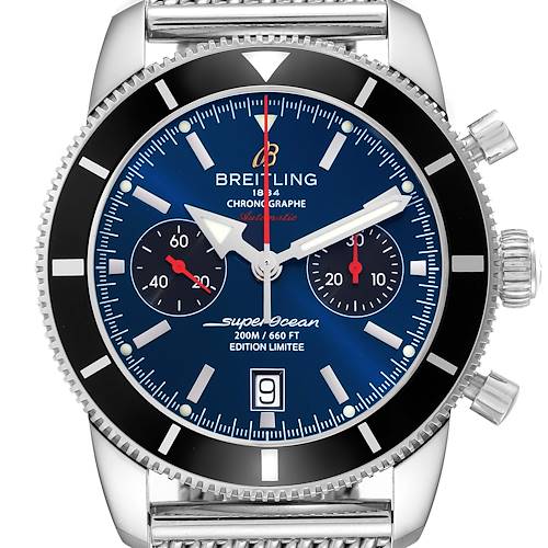 This image shows a front view of the Breitling Superocean Chronograph Limited Edition watch, highlighting the dial, bezel, and crown.