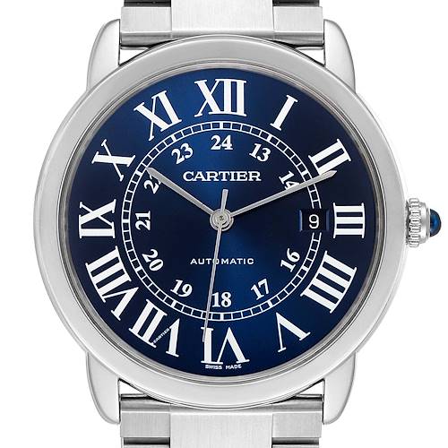 The image shows a frontal view of the Cartier Ronde watch, showcasing its dial, hands, crown, and part of the metal bracelet.