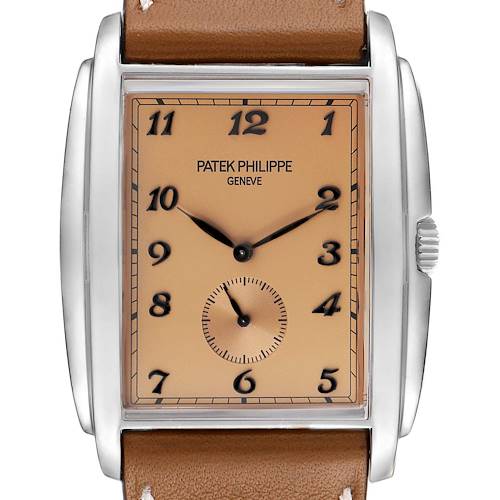 The image shows a front-facing view of the Patek Philippe Gondolo watch, highlighting the dial, case, and part of the leather strap.