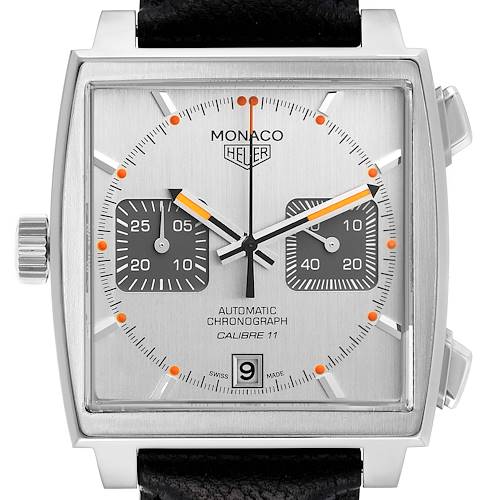 This image shows a front view of a Tag Heuer Monaco watch, highlighting its face, subdials, date window, and part of the strap.