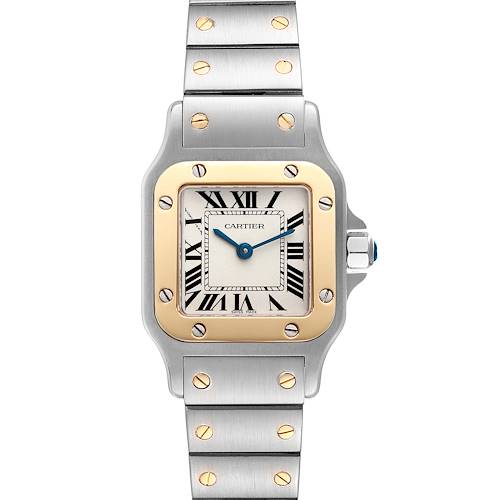 A front view of the Santos model by Cartier, showing the dial, bezel, and bracelet with exposed screws.