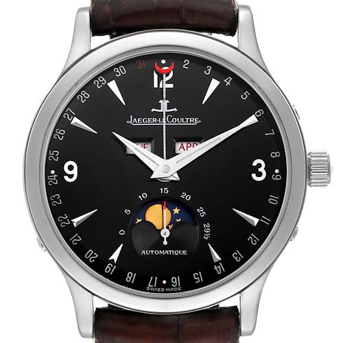 The image shows a front view of the Jaeger-LeCoultre Master model watch, highlighting its dial and moon phase display.