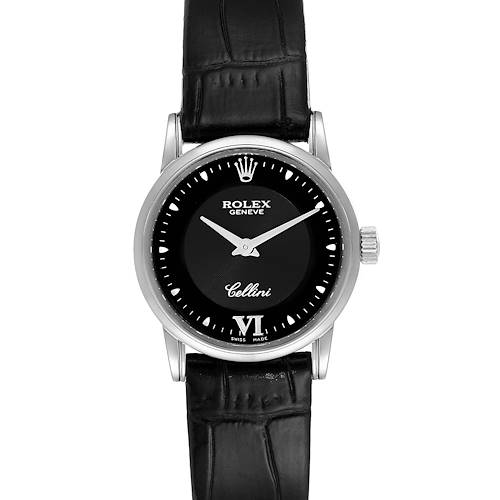This image shows a front view of the Rolex Cellini watch, displaying the dial, case, crown, and black leather strap.