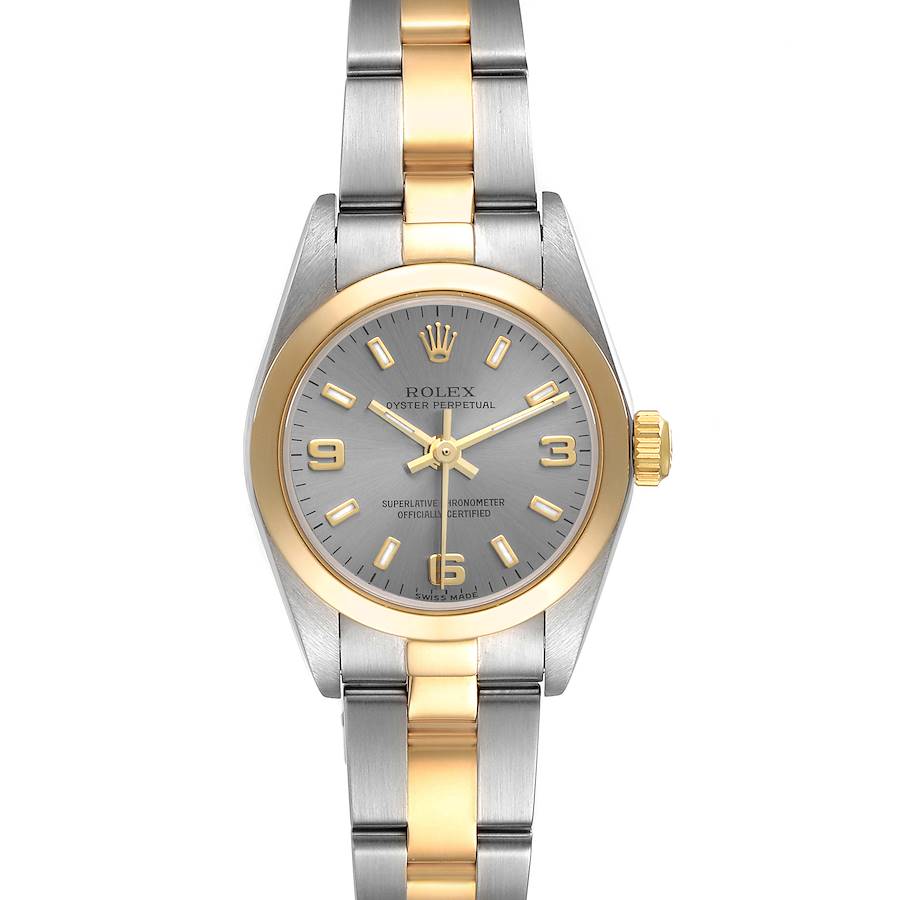 The image shows a front view of a Rolex Oyster Perpetual watch, highlighting its two-tone strap, dial, and crown.