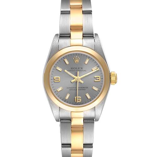 The image shows a front view of a Rolex Oyster Perpetual watch, featuring a two-tone metal bracelet and a grey dial.