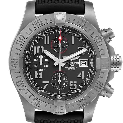 The image shows a frontal view of a Breitling Avenger watch, highlighting the dial, chronograph subdials, bezel, and band.