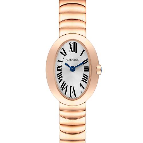 The Cartier Baignoire watch is shown from the front, displaying its oval face, Roman numerals, blue hands, and part of its gold bracelet.