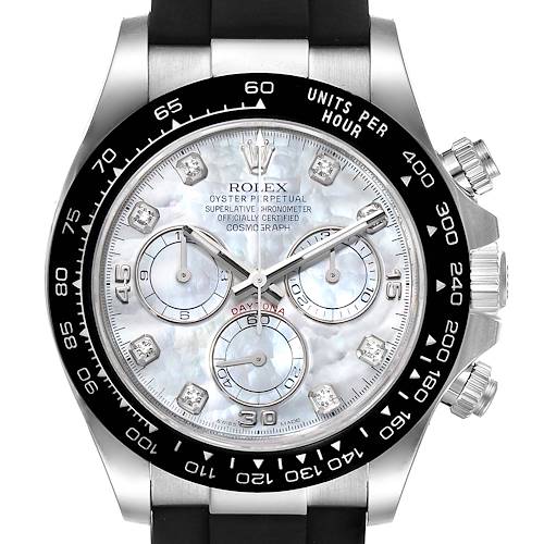 The Rolex Daytona watch is shown from the front, featuring its dial, bezel, sub-dials, and crown.