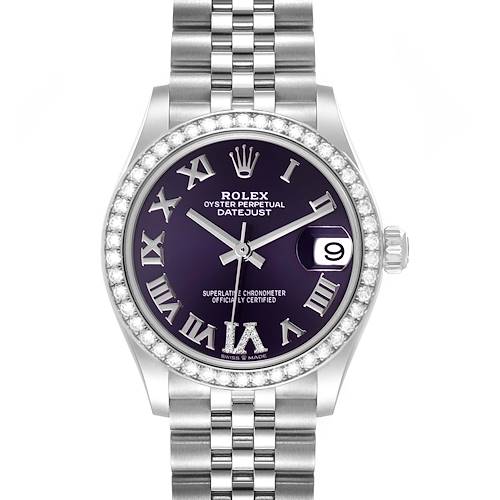 The image shows a front view of a Rolex Mid-Size Datejust watch, displaying its bezel, dial, hands, and bracelet.