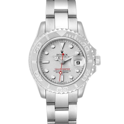 The image shows a front view of a Rolex Yacht-Master watch, highlighting its face, bezel, crown, and bracelet.
