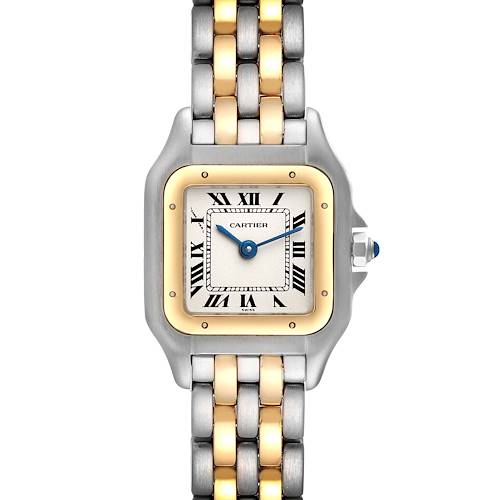 The image shows a front view of the Cartier Panthere watch, highlighting its face, bezel, and two-tone bracelet.