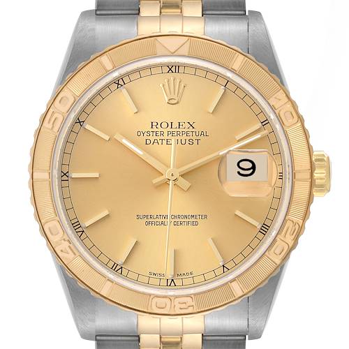 The image shows a front view of a Rolex Turn-o-Graph Datejust watch, displaying the dial, bezel, and part of the bracelet.