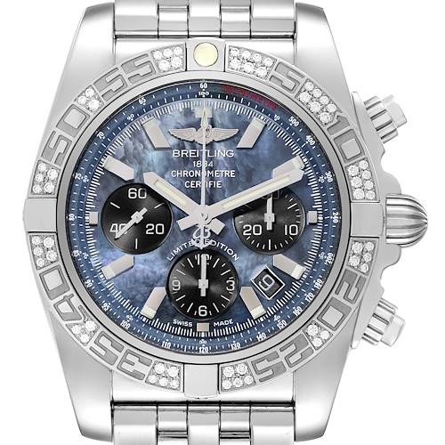 The image shows a front view of the Breitling Limited Series watch, including the face, bezel, and stainless steel bracelet.