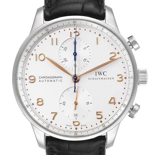The image shows a front view of an IWC Portuguese Chronograph watch with a white dial, gold numerals, and black leather strap.