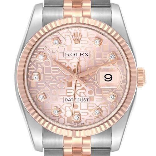 The Rolex Datejust watch is shown from a front angle, highlighting its dial, bezel, crown, and part of the bracelet.