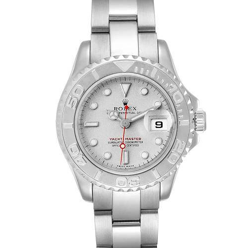 The image shows a front view of a Rolex Yacht-Master watch, displaying the face, bezel, and bracelet.