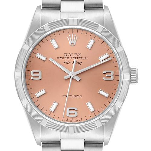 This image shows the front view of a Rolex Air-King watch model, focusing on the dial, hands, bezel, and bracelet.