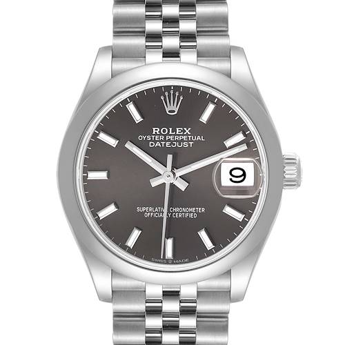 The image shows a front view of a Rolex Mid-Size Datejust watch, featuring its dial, bezel, case, and bracelet.