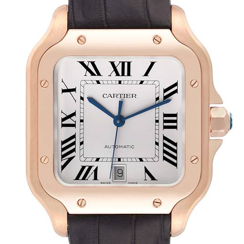 This Cartier Santos watch is shown from a front angle, highlighting the face, Roman numerals, and date window.