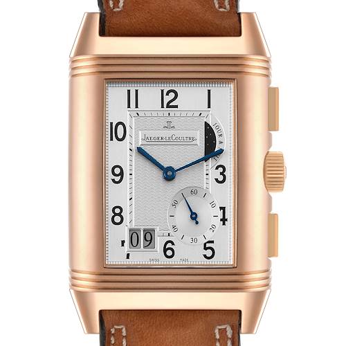 This image shows a front view of the Jaeger-LeCoultre Reverso watch, highlighting its case, dial, numerals, subdials, and strap connection.