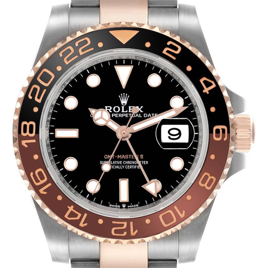 The Rolex GMT-Master II watch is shown from the front, highlighting the bezel, dial, hands, and date window.