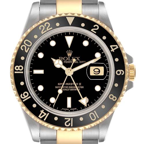 The Rolex GMT-Master watch is shown from the front, displaying the bezel, dial, hands, and part of the bracelet.