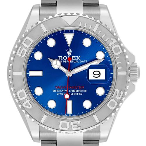 The Rolex Yacht-Master is shown from the front, displaying the bezel, dial, hands, and date window clearly.