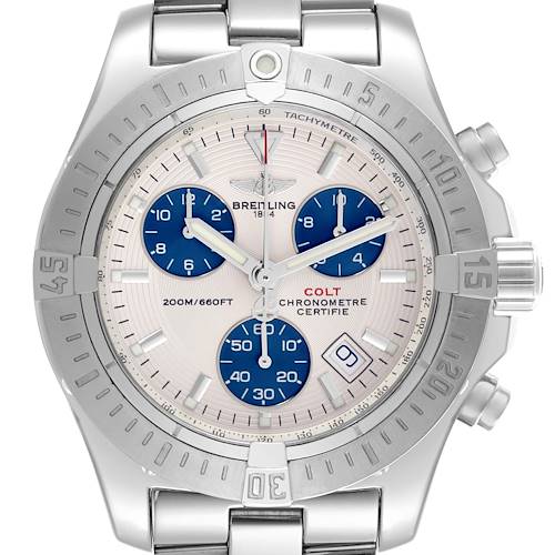 The Breitling Colt watch is shown from a front angle, highlighting its dial, bezel, and chronograph sub-dials.
