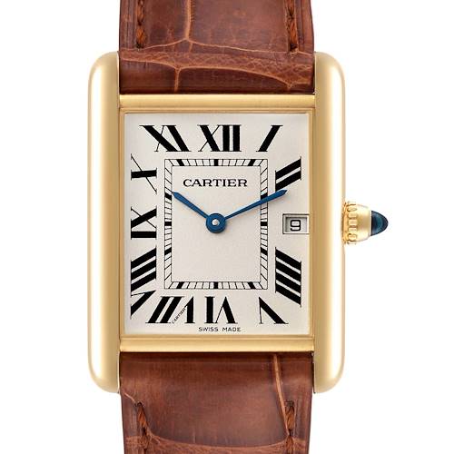The image shows a close-up, front view of a Cartier Tank Louis watch, highlighting the dial, hands, crown, case, and part of the strap.