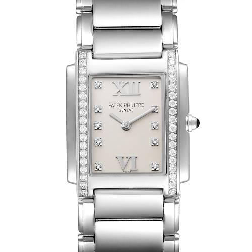 The image shows a front view of the Patek Philippe Twenty-4 watch, highlighting its rectangular face, bracelet, and diamond accents.
