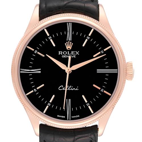 This image shows a front view of the Rolex Cellini watch, highlighting its face, crown, and part of the leather strap.