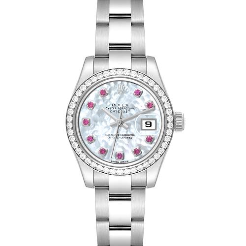 The image shows a front view of a Rolex Datejust watch, highlighting its face, bezel, and bracelet.