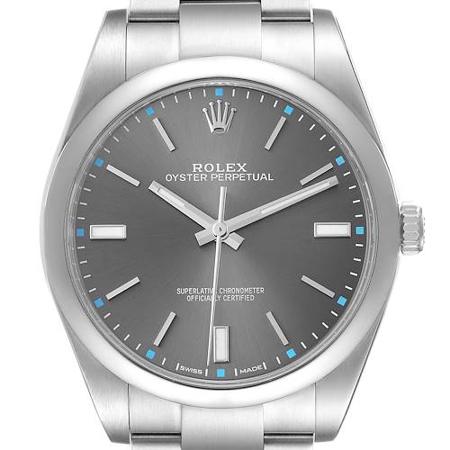 This image shows a front view of a Rolex Oyster Perpetual watch, highlighting its face, hands, crown, and bracelet.
