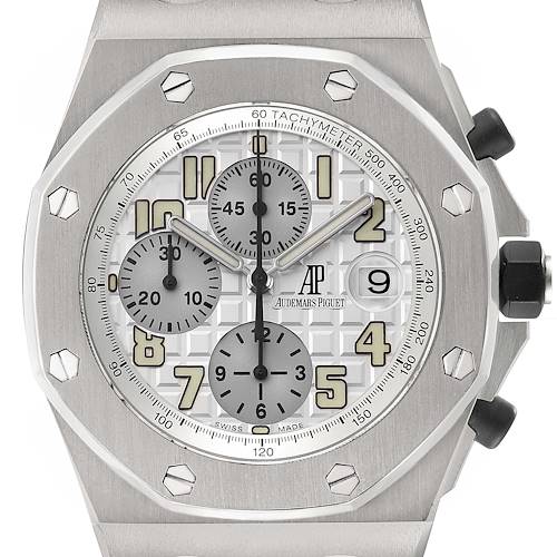 The image shows a front view of the Audemars Piguet Royal Oak Offshore watch, highlighting the dial, subdials, and bezel.