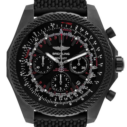 The image shows a front view of a Breitling Bentley watch displaying its black dial, chronograph subdials, rotating bezel, and crown.