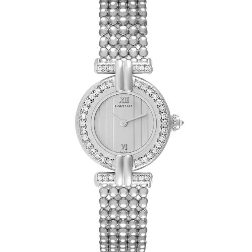The image shows a front view of the Cartier Colisee model watch, highlighting its round dial, Roman numerals, and beaded bracelet.