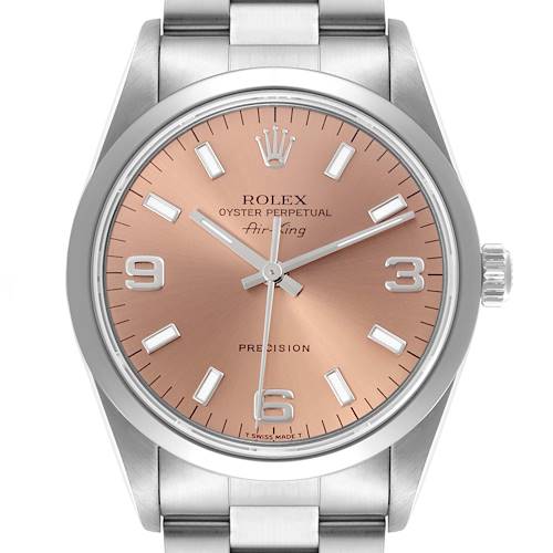 The image shows a Rolex Air-King watch from a front angle, highlighting the dial, case, and bracelet.