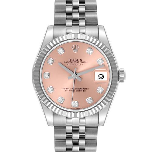The Rolex Mid-Size model is shown from the front, highlighting the dial, bezel, and bracelet.