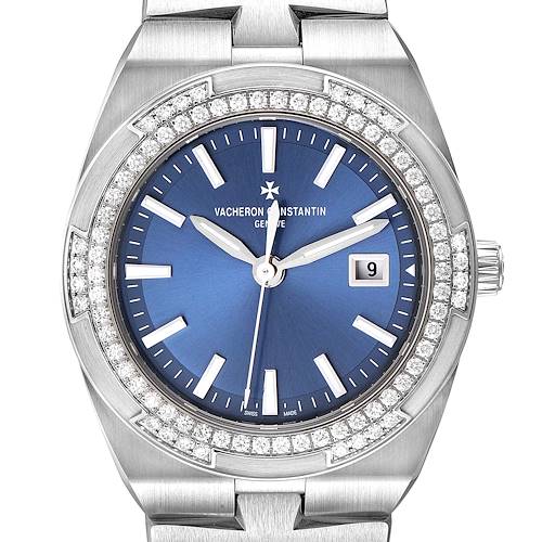 This image shows a front view of the Vacheron Constantin Overseas watch, highlighting its blue dial and diamond-encrusted bezel.