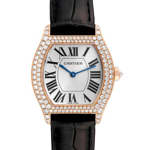This is a front view of a Cartier Tortue watch showing the dial, Roman numerals, diamond bezel, case, and black leather strap.