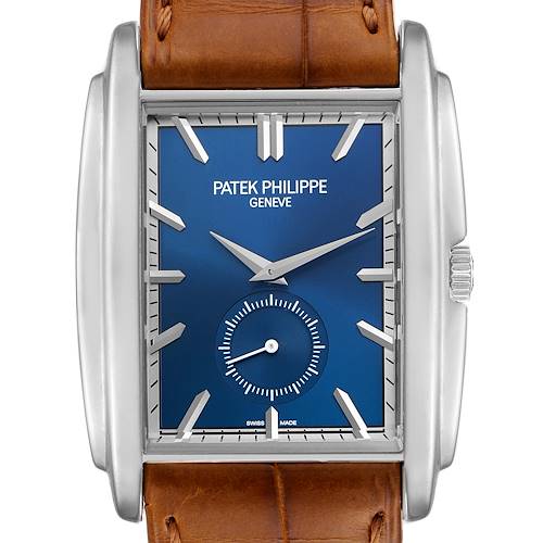 The image shows a frontal view of a Patek Philippe Gondolo watch with a blue dial and a brown leather strap.