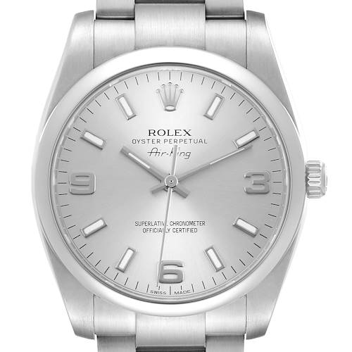 The Rolex Air-King watch is shown from the front, displaying the dial, hands, crown, and part of the bracelet.