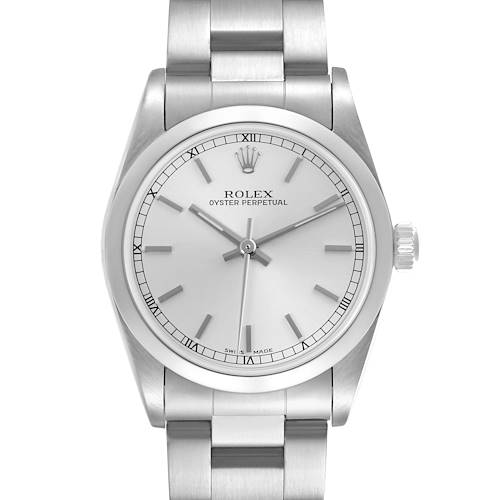 The Rolex Mid-Size model is shown from the front, displaying the dial, bezel, bracelet, and crown.