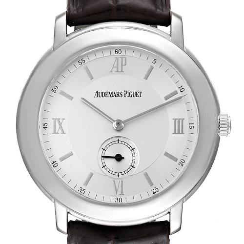The image shows the Audemars Piguet Jules model watch from a front angle, highlighting its face, dial, hands, and part of the strap.